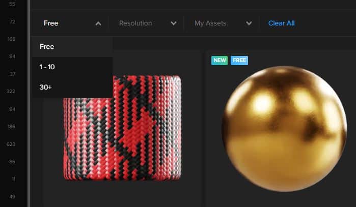 The filters in the Poliigon library are set to "free" and display several free textures. 