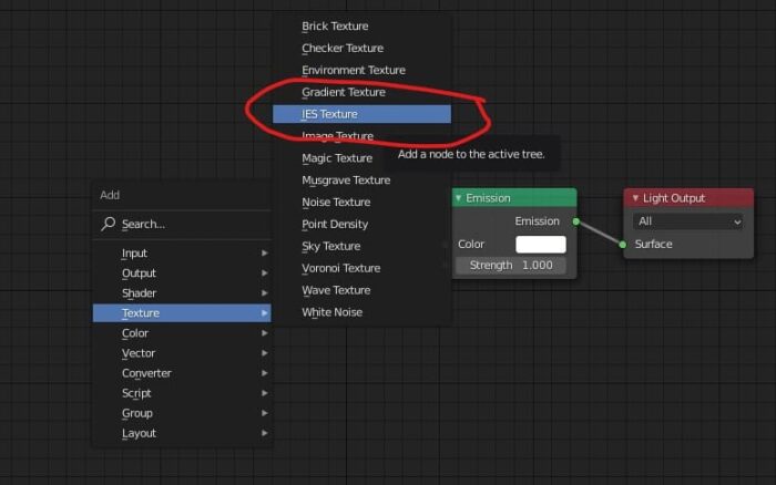 The IES Texture option is highlighted in the list of available nodes to add in the shader editor.