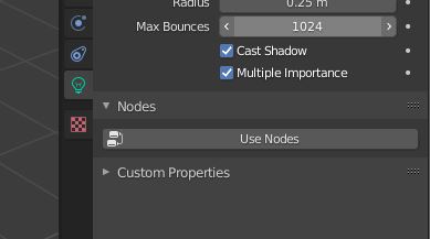 The "use nodes" button is displayed in the Blender light properties panel. 