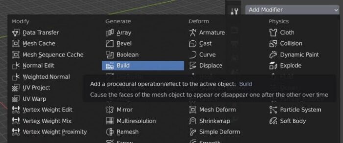 From the list of available modifiers in Blender, the Build Modifier is selected and highlighted. 