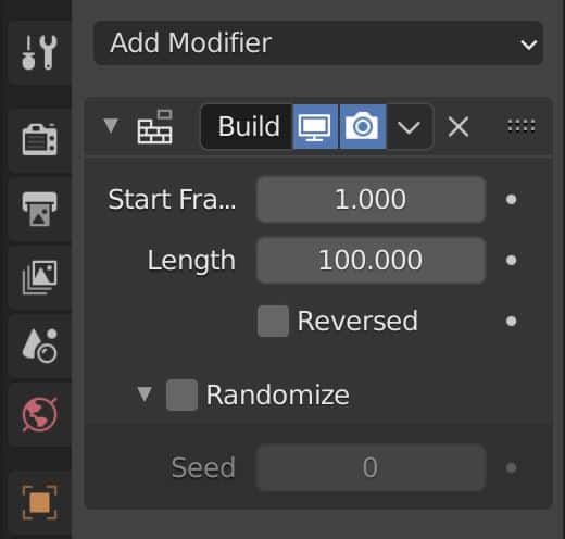 The settings for the Build Modifier in the Blender modifiers properties tab. 