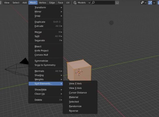 In Blender, the menu for mesh is expanded and sort elements is chosen showing the different orders the build modifier can use. 