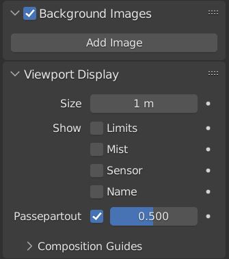 The background images and viewport display settings from the camera properties tab in Blender.