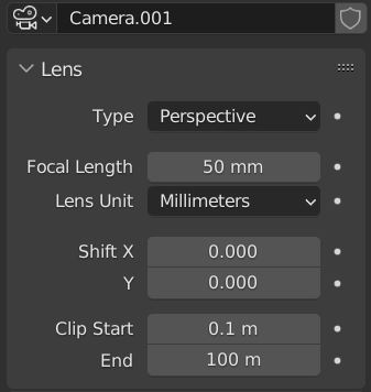 Blender perspective camera lens settings.
