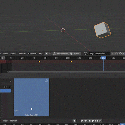 An animation action is dragged from the Blender asset browser onto a cube in the 3D viewport. 