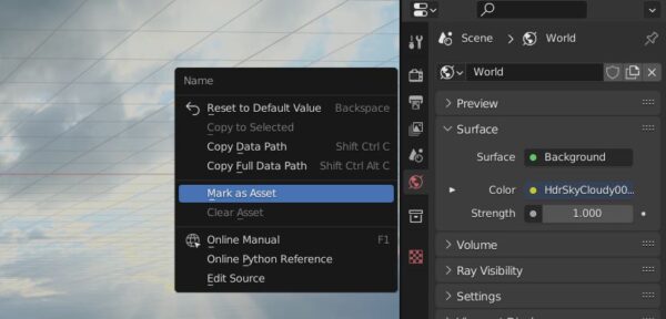 A world in Blender is selected and "Mark as Asset" is highlighted in the context menu.