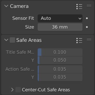 The camera sensor fit and safe areas settings from the camera properties tab in Blender. 