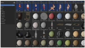 The Blender asset browser editor is shown with various 3D assets.