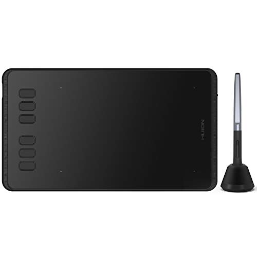 The Huion Inspiroy tablet and pen are displayed