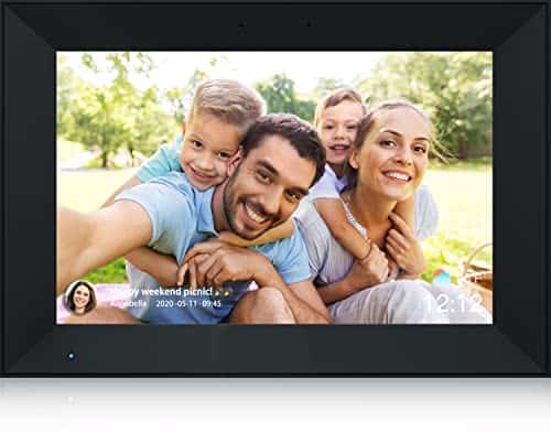 A digital picture frame displays a photo.
