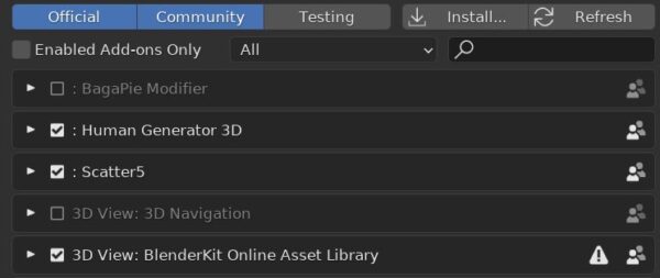 The preferences editor in Blender displays a list of installed add-ons. 