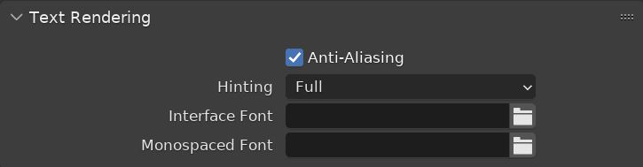 The text rendering preferences in Blender include an anti-aliasing check box and font settings. 