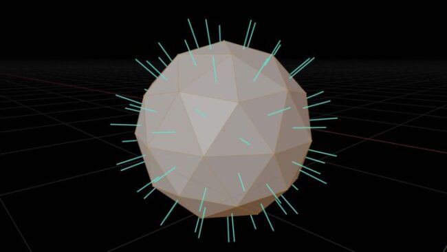 An icosphere in the Blender 3D viewport has lines emitting from each face which indicate the normal direction of the object. 