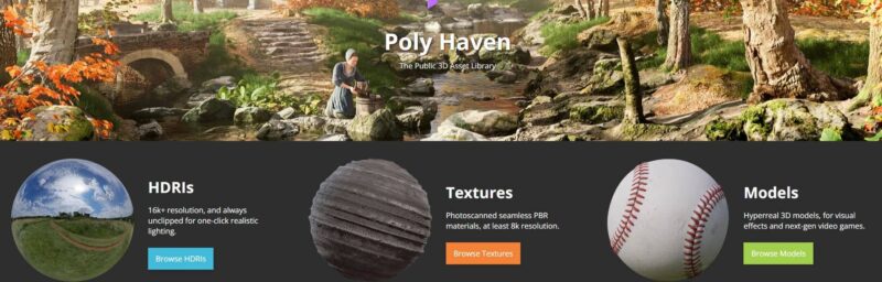 The home page of Poly Haven displays free textures, HDRIs and models. 