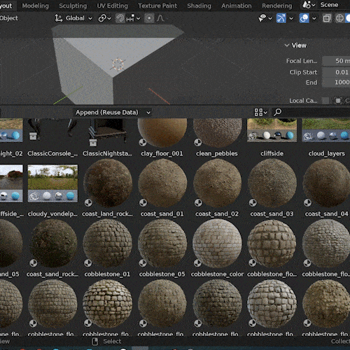 Scrolling through the Poly Haven asset browser library shows free models, HDRIs and textures. 