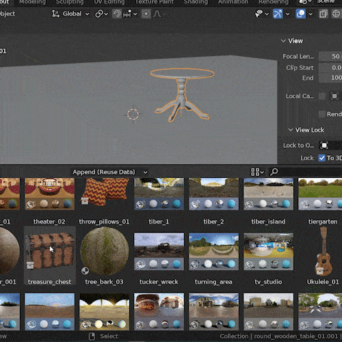Assets are dragged and dropped from the Poly Haven asset browser into the Blender 3D viewport. 