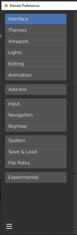 On the left side of the user preferences window is a list of tabs for different types of preferences in Blender. 