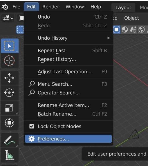 The Blender User Preferences are selected from "Edit" in the Top Menu.