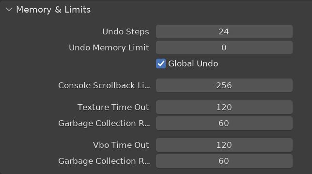 The memory and limits settings are displayed in Blender's preferences window.