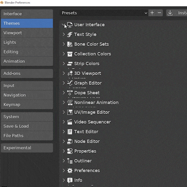Scrolling through the theme color settings in Blender 3D.