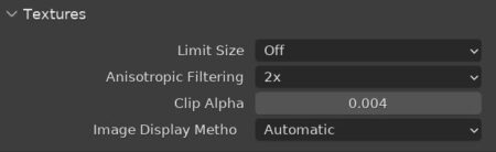 Blender texture display settings include limit size. 