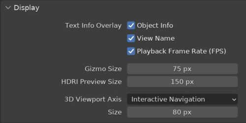 Blender display preferences include several checkboxes for overlays, gizmo settings and more. 