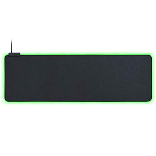 The Razer Goliathus extended mouse mat is displayed with a green LED ring illuminated around its edges.
