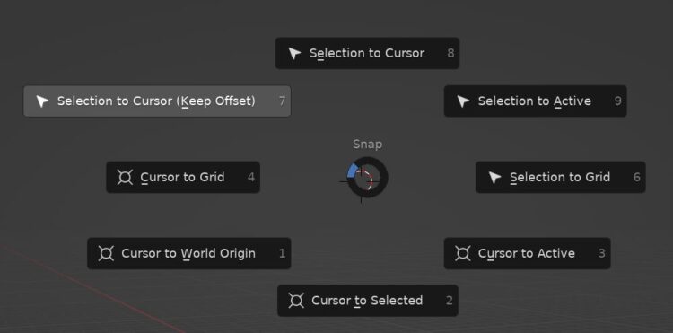 A pie menu with eight move options is open in Blender
