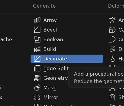 From the list of available modifiers in Blender, the Decimate Modifier is selected.
