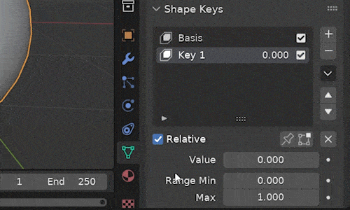 A keyframe is placed onto the shape key's value and it turns yellow. 
