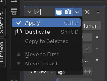 In the Blender Modifier Properties Panel, the "Apply" button is highlighted to apply the decimate modifier. 