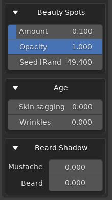 Beauty spots and age settings for realistic skin.