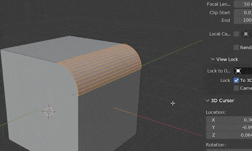 A beveled edge is selected in Blender. Edge bevel and vertex bevel are toggled with the keyboard shortcut "V." 