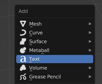 The add object context menu in Blender is displayed with the 3D text object highlighted.