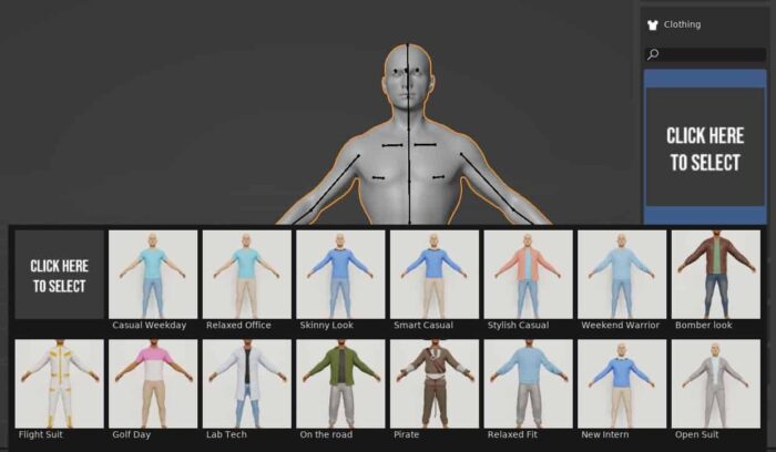 Clothing options for custom characters created in Blender.