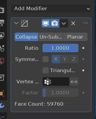 The settings for the Decimate Modifier are displayed in the Blender modifier properties panel. 