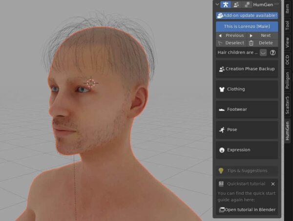 A human character with proxies for hair in the 3D viewport. 