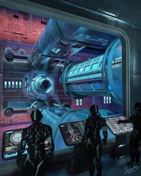 Three futuristic soldiers stand on a space station looking out a large window at a docking mechanism.
