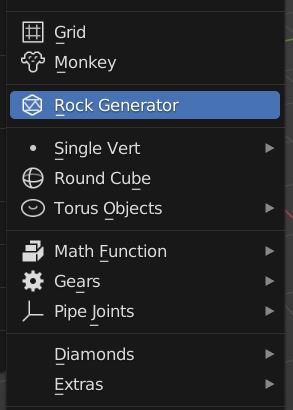 The rock generator is selected in the add object options for Blender. 