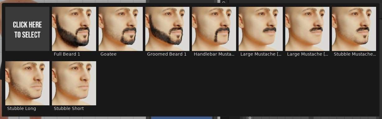 Facial hair including mustaches, beards and goatees for 3D character. 