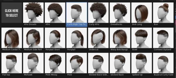 Several hair style options for characters created in Human Generator.