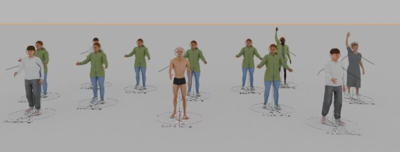 Twelve human characters generated randomly in Blender with the Human Generator add-on. 