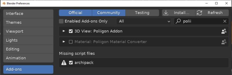 The Poliigon addon preferences are displayed in the user preferences menu of Blender. 