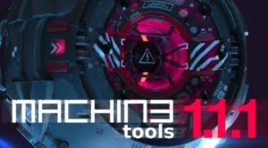 The free machin3 tools add-on shows a sci fi object with decals. 