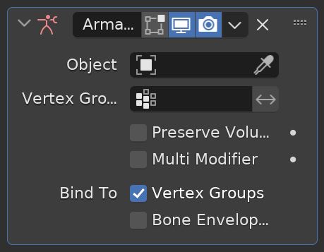 The armature modifier settings for Blender 3D are displayed in the modifier properties panel. 
