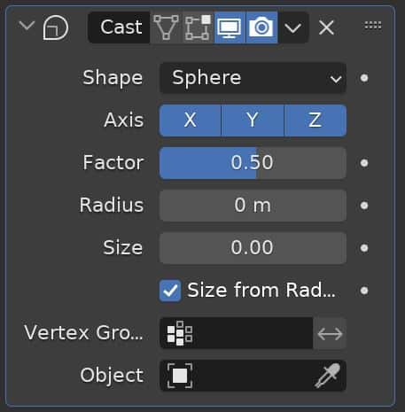 The cast modifier settings display in the properties panel. 