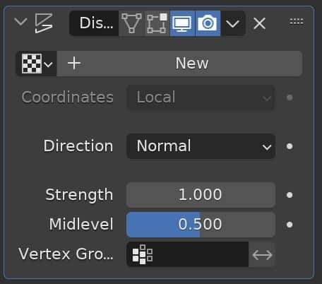 The displace modifier settings are shown in the modifier properties panel of Blender. 
