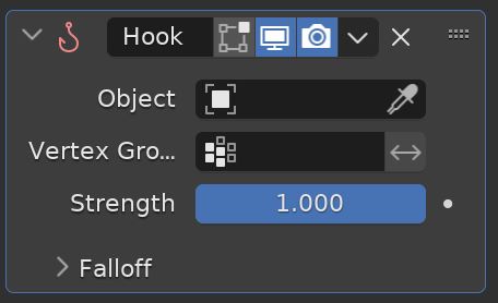 The Hook Modifier settings are shown in the Blender properties panel. 