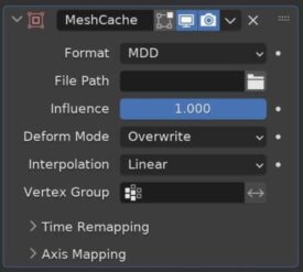 Blender's Mesh Cache modifier controls are displayed.