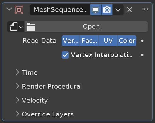 Blender's mesh sequence cache modifier controls are displayed.